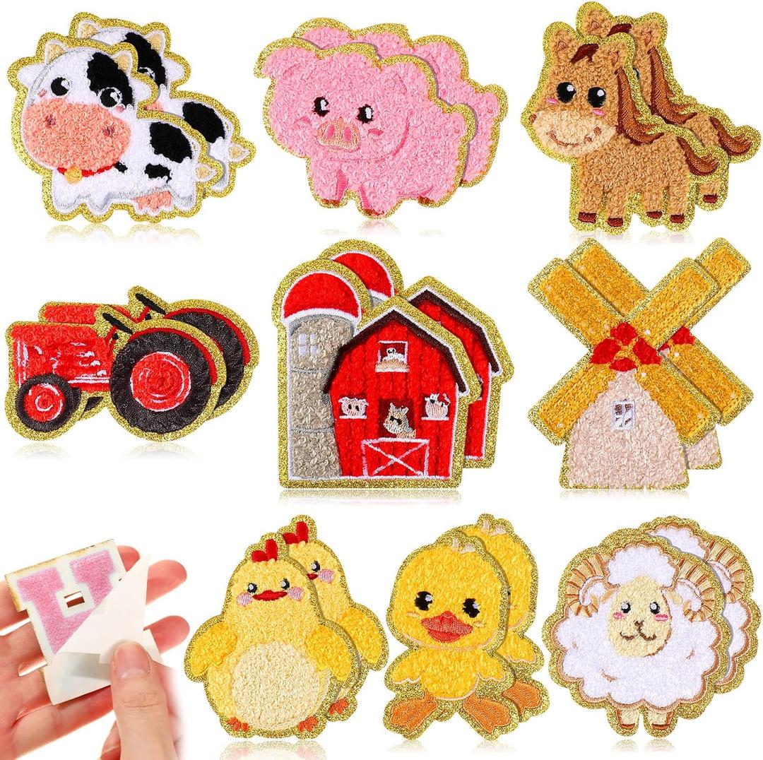 Geosar 18 Pcs Animals Iron on Cartoon Patches Appliques Farm Self Adhesion Chenille Repair Embroidered Patches for Pants Backpacks Jackets Gift(Farm Style)