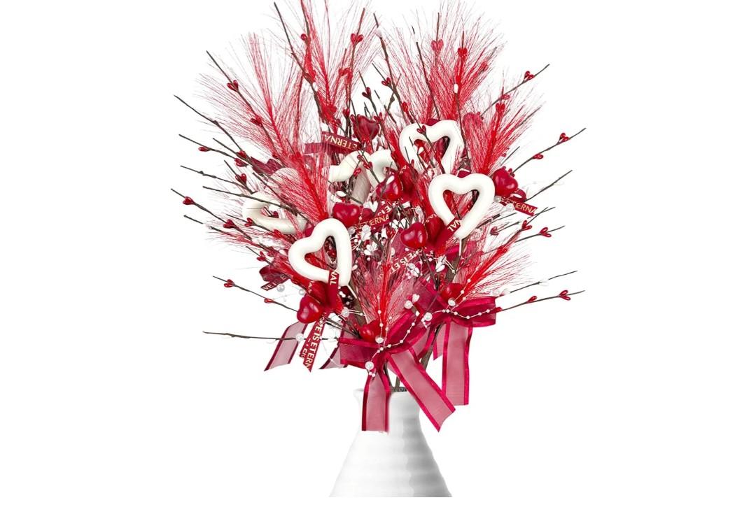 3 Pcs Valentine's Day Heart Shaped Berry Feather Picks, 19.7 Inch Artificial Red White Heart Berry Flower Stems for Wedding Christmas Home Vase Decor