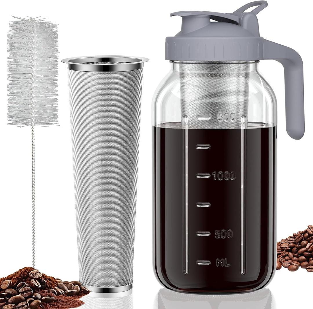 Cold Brew Coffee Maker Jar - 64oz Thick Glass Multipurpose Mason Pitcher Spout Lid with Handle & Stainless Steel Filter for Iced Coffee, Lemonade, Ice Tea, Homemade Fruit Drinks Container (Gray)