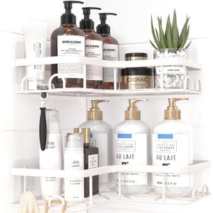 Corner Shower Caddy - 2 Pack, Adhesive Shower Organizers, Rustproof Stainless Steel Shower Shelves with 8 Hooks, No Drilling Bathroom Organizers and Storage Racks, Space-Saving, White, Medium