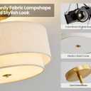 Double Drum 3 Light Semi Flush Mount Ceiling Light, Close to Ceiling Light Fixture, 16 Inch with Fabric Linen Shade, Gold Brass, for Living Room, Bedroom, Dining Room,Hallway and Entryway
