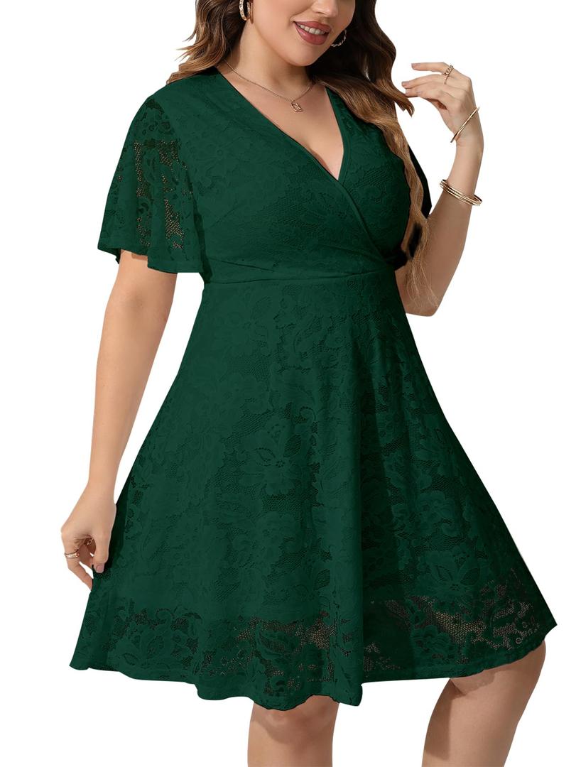 SCOMCHIC Women Plus Size Lace Cocktail Dresses Faux Wrap V Neck Short Sleeve Flowy A Line Wedding Guest Midi Dress Emerald Green (Green)