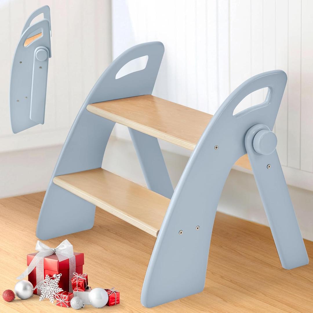 Wooden Step Stool, Two Step Stools, 300 lb. Load Capacity, with Safety Non-Slip Pads and Handles, Bamboo Step Stool for Bathroom and Kitchen, Children's Christmas Gift Blue