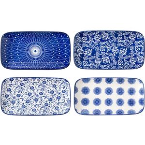 Ceramic Rectangle Salad Plates Set - Large 9.5 Inch Rectangular Serving Dishes for Dinner Pasta Dessert Sushi Appetizer - Oven Microwave Dishwasher Safe - Set of 4 - Vintage Blue