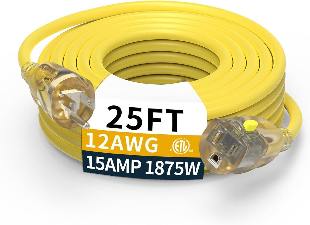 25FT 12/3 Gauge Heavy Duty Outdoor Extension Cord Waterproof, Weatherproof -58F to 140F with Lighted Outlet & Press-Release Lock, 15A 1875W 3 Prong, SJTW Electrical Power Cord, ETL Listed (Yellow)