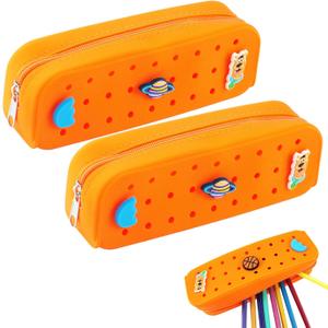 2 Packs Cute Silicone Pen Case Pen Pouch with DIY Holes and 3 Decoratives(Random) Travel Makeup Brush Bag suitable for travel home7.81inch (Orange,2Packs)