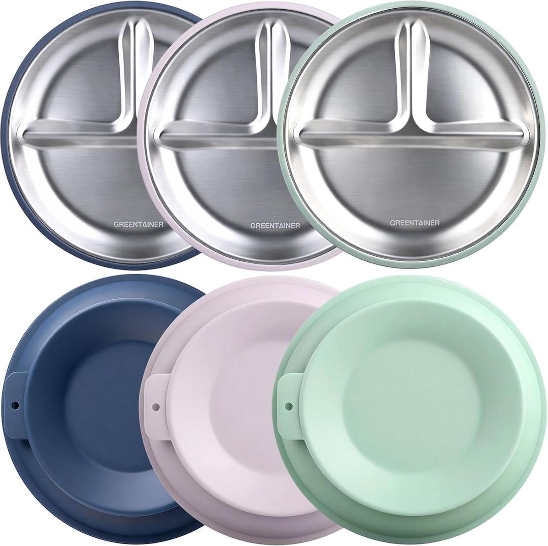 Greentainer 3 Pack Stainless Steel Baby Plates with Suction, Divided Toddler Plates with Removable Silicone Sleeves, Unbreakable Kids Dishes for Dinner & Snack, Non-Toxic, Dishwasher Safe