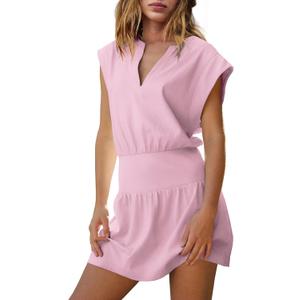LAMISSCHE Womens Summer Dress Sleeveless Mini Dress Flowy Vacation Beach Dresses Casual V Neck Elastic Waist Sundresses (Pink, L)