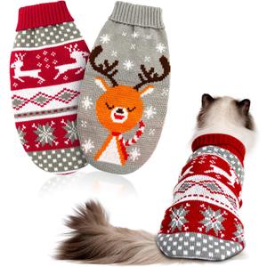 HYLYUN Cat Christmas Sweater 2 Packs - Puppy Christmas Sweater Pet Reindeer Snowflake Sweaters for Kittys and Small Dogs XS