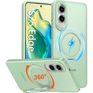Oneagle 360 Spin Magnetic Stand for Samsung Galaxy S25 Edge Case Translucent [Fit for Magsafe], Matte Slim S25 Edge Phone Case 6.7" with [Rotatable Kickstand Ring] [15FT Mil-Grade Shockproof]-Green