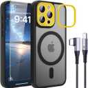 4 in 1 Magnetic for iPhone 16 Pro Case [with 1X Screen Protector, Braided Cable, Removable Lens Case] [Mil-Grade Drop Protection] Shockproof Slim Translucent Matte Protective Phone Case, Black