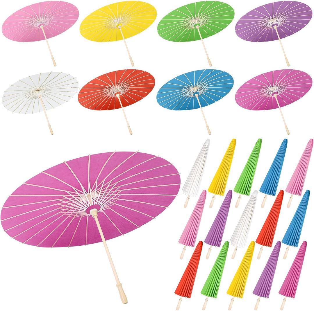 Aodaer 24 Pack Paper Umbrellas Chinese Japanese Parasol 33 Inches Paper Decorative Oiled Paper Umbrella DIY Painting Crafts for Wedding Bridal Party Decor Photography Props, 8 Colors, 33 inches/84 cm