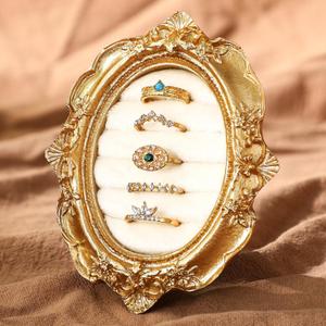 Liliaafar Vintage Ring Holder Oval Gold Ring Wedding Display Suede Jewelry Box Stand Frame Earring Tray Anniversary Engagement Baroque Organizer Photograph Prop for Women Birthday Christmas Gift