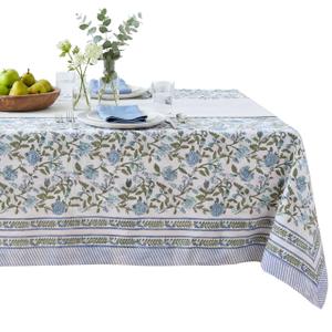ATOSII Mahoka Blue 100% Cotton Rectangle Tablecloth, Handblock Floral Print Linen Table Cloth for Kitchen Dining I Parties, Outdoors, Weddings, Holidays, Summer I 72 X 108 Inches I 8 Seater