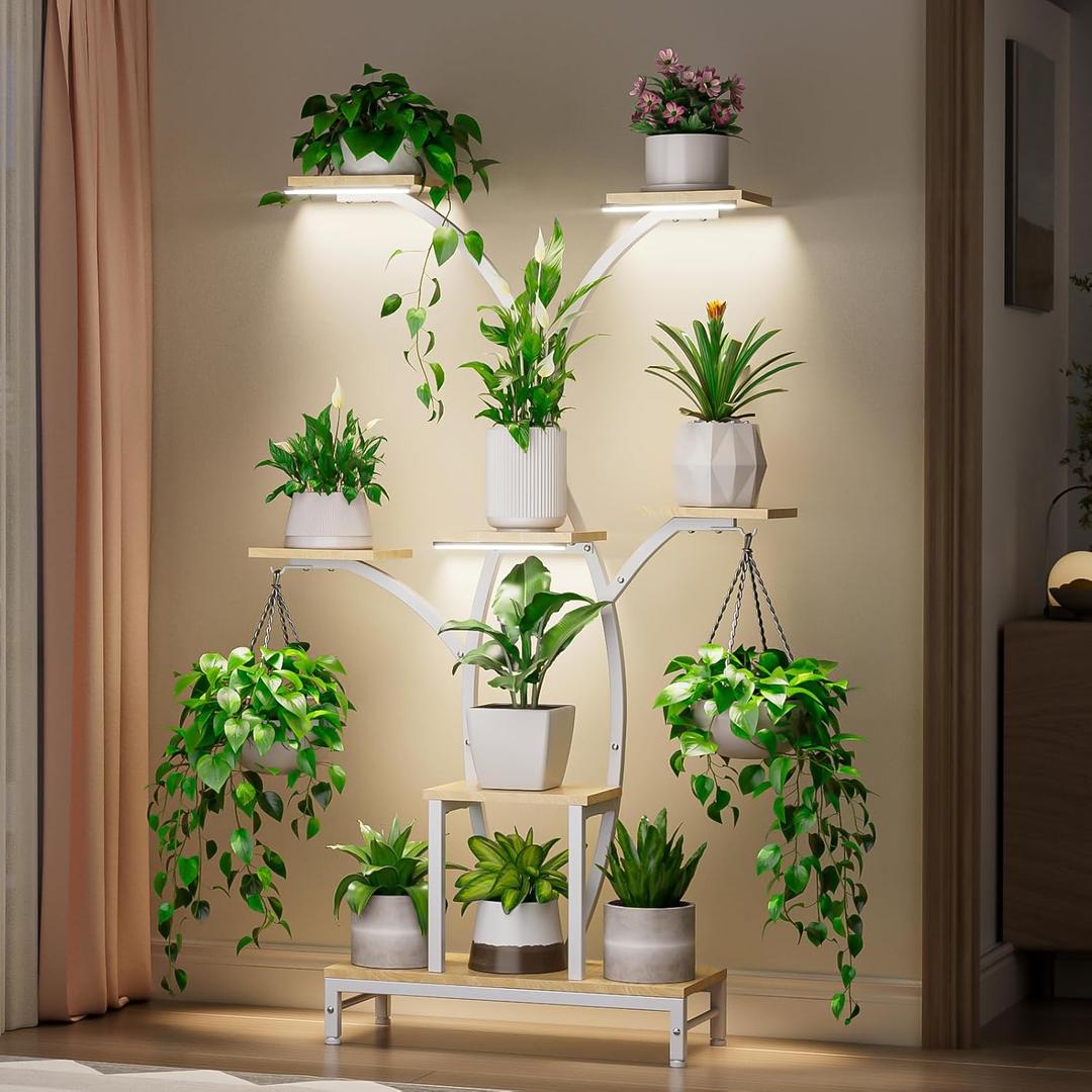 Plant Stand Indoor with Grow Lights - 7 Tiered Metal Corner Shelf for Multiple Plants, 62" Corner Plant Stand for Indoor Plants, Tree-Shaped Plant Rack for Home, Living Room, Office & Patio Decor (White)