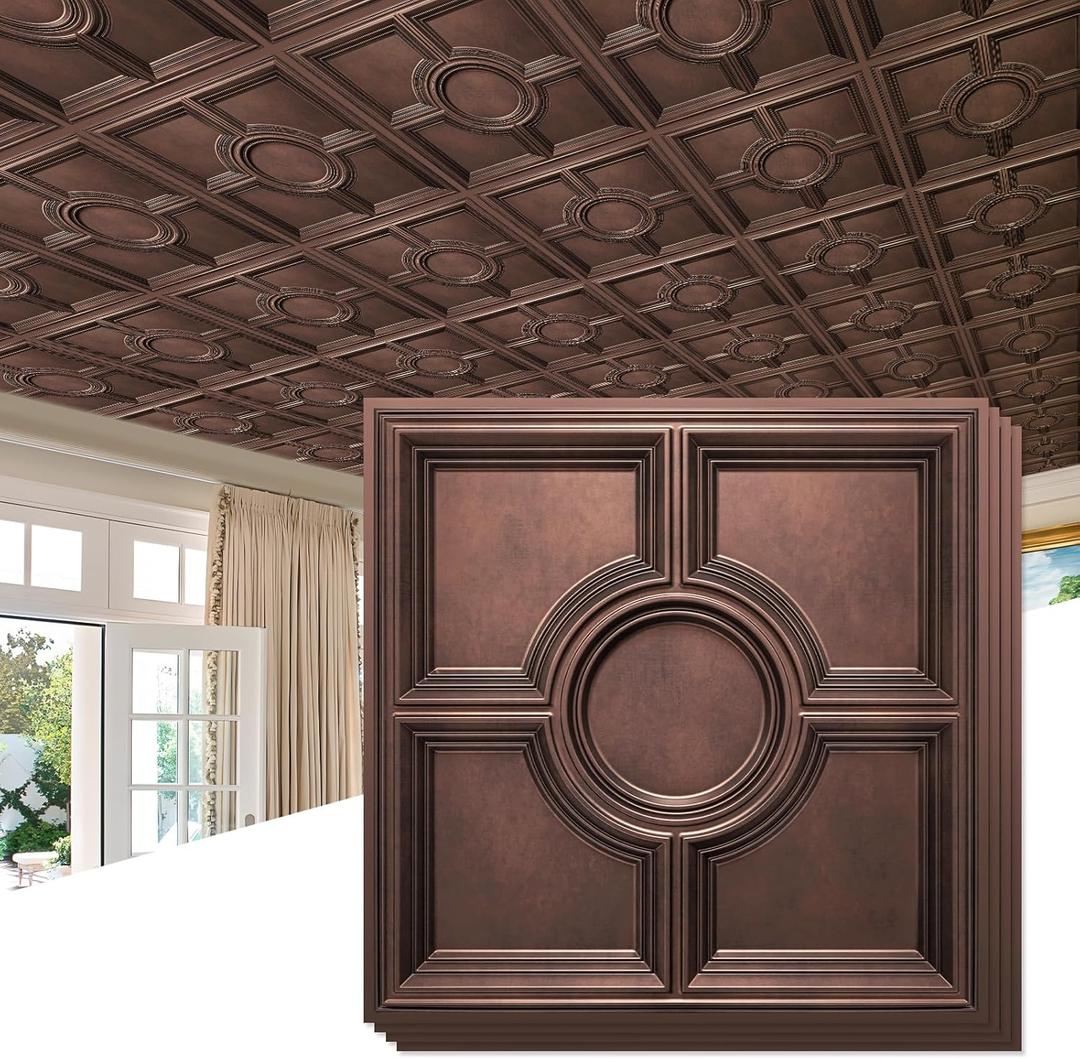 STICKGOO PVC Ceiling Tiles, Antique Copper Decorative Drop Ceiling Tiles 24 x 24in, 12-Pack Panels Cover 48 Sq. Ft