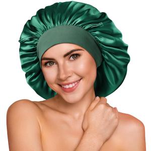 YFONG 100% 22 Momme Mulberry Silk Bonnet for Sleeping Women, Larger Double Layer Silk Hair Wrap for Curly Short Long Hair, Non-Slip Sleep Cap Turban with Elastic Tie Band for Hair Care, Green