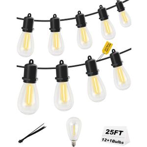 25FT LED Outdoor String Lights - 12+1 Shatterproof Vintage Edison Bulbs | IP44 Weatherproof | Plug in Cafe Patio Lights for Balcony, Porch, Deck & Cozy Bistro Ambiance (2700K Warm White)