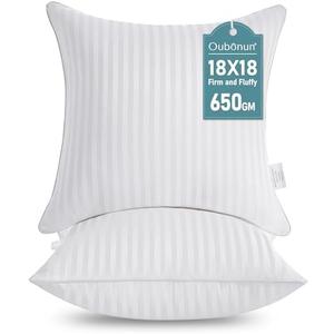 Oubonun 18 x 18 Throw Pillow Inserts, Firm and Fluffy Decorative Square Pillows for Couch Bed Sofa with Soft Cotton Cover White Cushion with Down Alternative Pack of 2