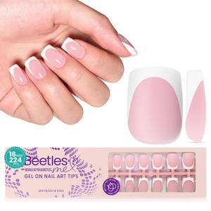 Beetles French Tip Press On Nails: 224 Pcs Pink Short Square 4 in 1 Nail Tips 16 Sizes, Pre-Applied Primer and Base Coat, No File Need DIY Manicure