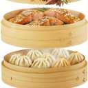 Prime Home Direct Bamboo Steamer Basket 8-Inch | 2-Tier Steamer for Cooking | 50 Liners | Small Instant Steaming Cookware Asian Food, Bao Buns, Chinese, Dim Sum, Dumpling, Rice, Vegetable Steam Pot
