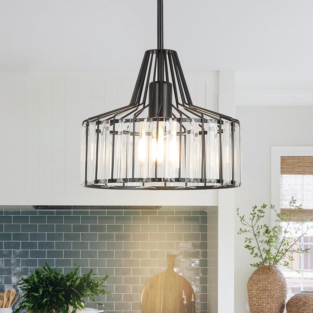 Modern Crystal Pendant Light Fixture,1-Light Mini Chandeliers,Matte Black Hanging Lights Fixture Kitchen Island,Metal Ceiling Lights for Dinning Room Bedroom Entryway Hallway.