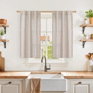 YoungsTex Cafe Linen Curtains 40 Inches Long for Kitchen Window Over Sink - Short Semi Sheer Drapes with Rod Pocket Back Tab Rustic Light Filtering for Front Door Bathroom, 2 Panels, 30 x 40 Inch (Natural)
