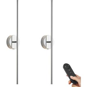 Battery Operated Wall Sconces with Remote Control, Dimmable Wall Sconces Set of Two, 350Rotate, 3000K LED Chrome Wireless Wall Light for Living Room, Bedroom,Hallway, 32.2 Inch (2 Pack)