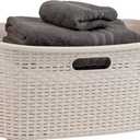 Mind Reader 40L Laundry Basket, Clothes Hamper, Lid, Wicker Design, Plastic, 23"L x 14.25"W x 11"H, Ivory