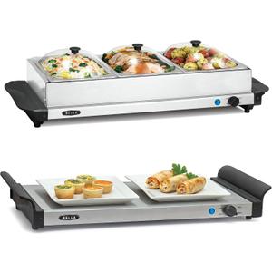 BELLA 4.5 Quart Triple Electric Buffet Server, Food Warming Tray & Slow Cooker - Brushed Stainless Steel Heated Serving Station for Parties & Catering