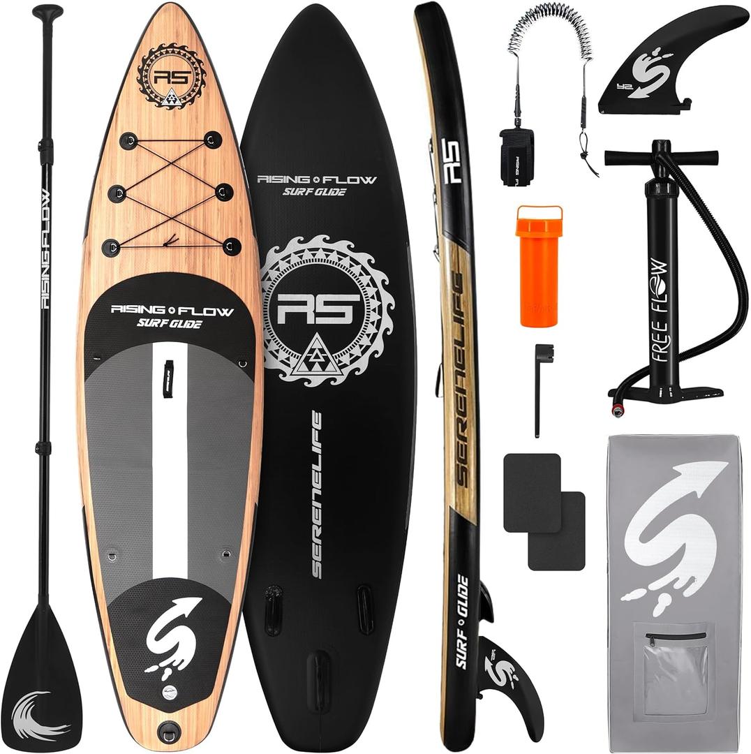 SereneLife Inflatable Stand Up Paddle Board with Premium SUP Accessories Wide Stable Design with Non-Slip EVA Deck Pad for Adults and Youth of All Skill Levels, 350 lbs Capacity, Wood