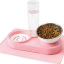 Double Elevated Dog Cat Food Water Bowls, Stainless Steel Cat Food Water Bowl with No-Spill Mat, Raised Tilted Dishes for Indoor Kitten, Puppies, Small or Medium Size Dogs Cats, Pink