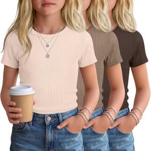 LessonZoo 3 Pack Girls Short Sleeve Slim Fit Tops, 3-Color Set, 9-10 Years (Brown)