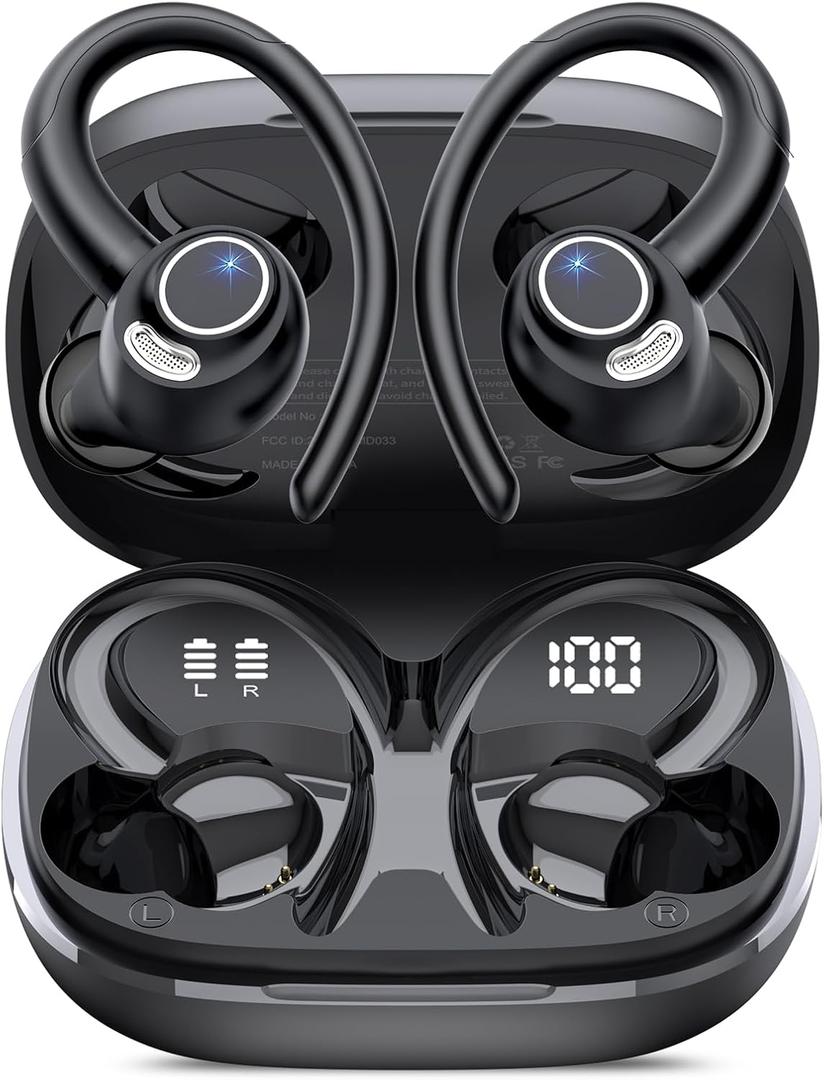 Wireless Earbuds, Bluetooth 5.4 Headphones Sport, Over Ear Buds With ENC Noise Cancelling Mic, 48H, Wireless Earphone With Earhooks, Stereo Deep Bass, IP7 Waterproof ear bud for Workout Running, Black