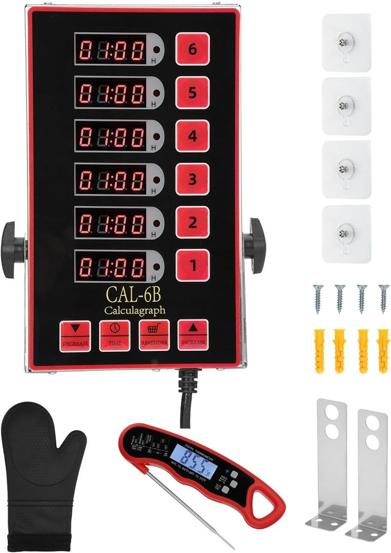 Commercial Kitchen Timer, 6 Channel Timer Restaurant Kitchen Supplies, Heavy-Duty Timer - Stainless Steel | Digital LED Technology | Reminder Function | Loud Alarm