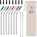 3 x 8-Pack Reusable Stainless Steel Straws with Colored & Black Silicone Tips, Straw Cleaner Brush and Polyester Travel Bag, Reusable Drinking Straws for Tumblers & Mason Jars
