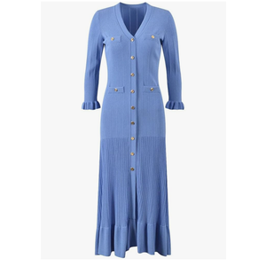 Women Knit Three Quarters Sleeve Single-Breasted V-Neckline Ladies Maxi Long Solid Dresses, L