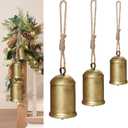 Set of 3 Christmas Bells for Decoration, 8in-6in-4in Cow Bells with Jute Hanging Rope, Metal Vintage Hanging Bells for Christmas Decor Wreath Garland Tree Doors Windows Rustic Home