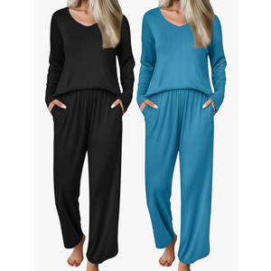 Ekouaer 2 Pack：Womens Ribbed Knit Pajama Set with Pockets Long Sleeve PJs V Neck Soft Loungewear Loose Matching Outfits Set Black and Lake Blue S