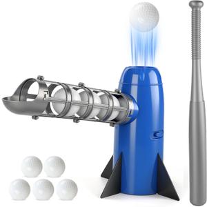 AuntyFey Auto Kids Baseball Pitching Machine, Automatic Baseball Launchers for Kids 6-8, Batting Practice Equipment with 5 Plastic Balls & Bat, Pop Up Tball Trainer, Blue