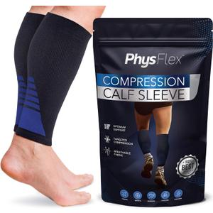 Calf Compression Sleeves for Men and Women - (1 Pair) Footless Compression Socks Support for Varicose Vein, Nursing, Pregnancy, Running - PhysFlex Leg Sleeve Brace for Shin Splints, Pain Relief and (Blue, XL)