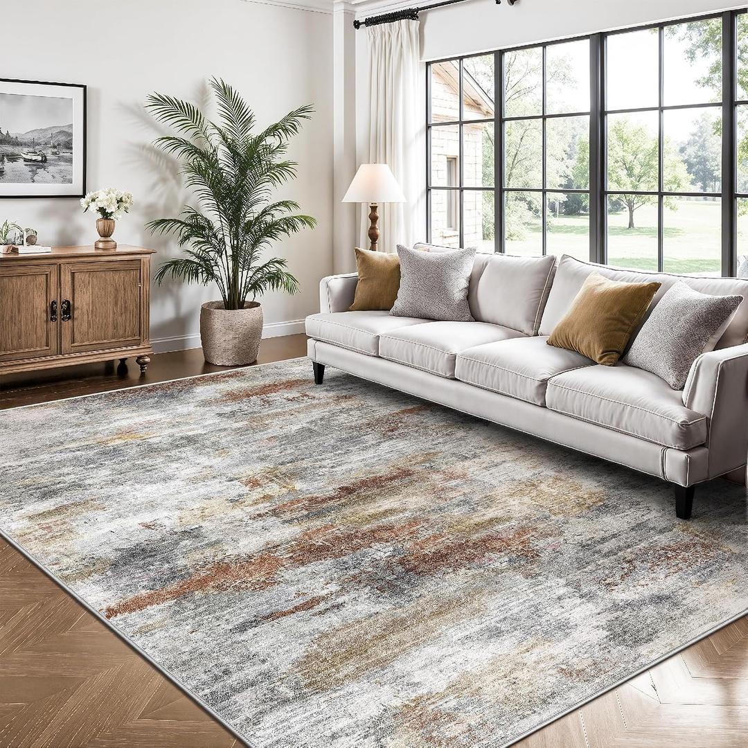 Washable Rug 6x9, Abstract Morden Soft Area Rug, Non-Slip Low Pile Rugs for Living Room, Bedroom, Dining Room, Home, Office(Grey & Brown)
