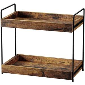 2 Tier Bathroom Counter Organizer Wood Bathroom Storage Shelf Spice Rack for Kitchen Countertop Vanity Tray Makeup Storage Coffee Station Organizer-Rustic Brown