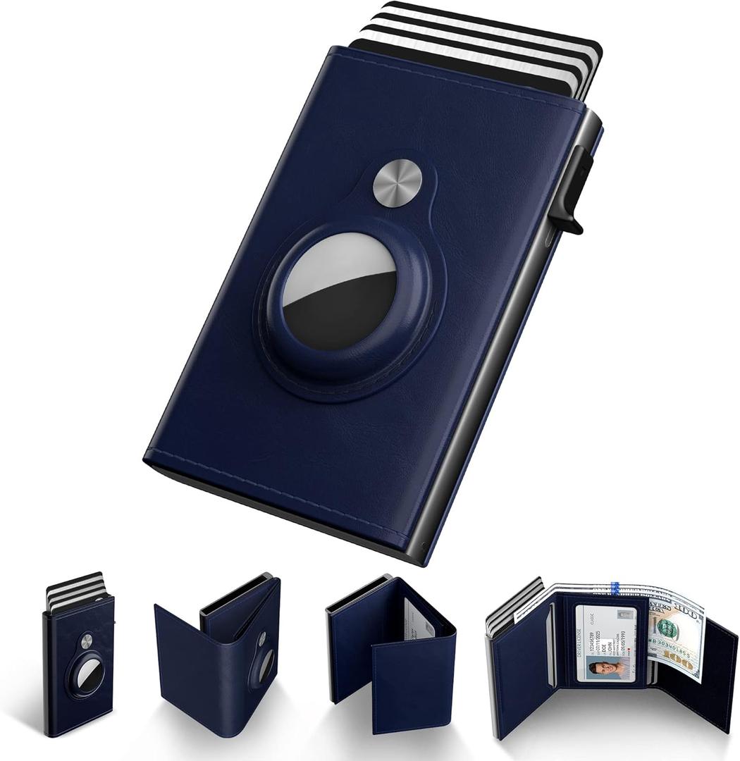 typecase Mens Wallet Card Holder for AirTag: Leather Smart Wallet for Men Compatible with Apple Air Tag, RFID Blocking, Slim, Minimalist - 9-14 Card Capacity | ID Window | Cash Slot (Navy) (Blue)