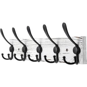 Kuhome Coat Rack Wall Mount Wooden Hat Rack for Wall Hooks Pine Real Wood Plank 16.9" White Coat Hanger with 5 Black Triple Hooks for Hanging Coat Hat Jacket