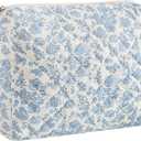 Cute Floral Makeup Bag Large Cotton Quilted Cosmetic Bag, Aesthetic Essential Bag Toiletry Period Bag for Women Travel Accessories (Blue Floral)