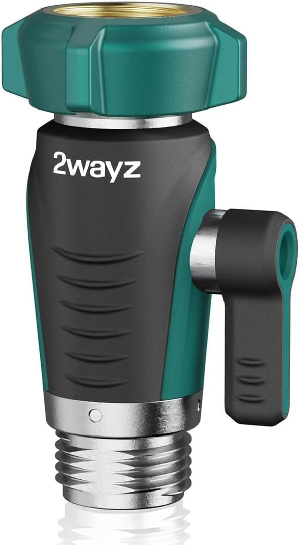 2WAYZ 0 Garden Hose Shut Off Valve - 3/4" Inlet & Outlet Heavy Duty Hose Connector - Full Metal Water Adapter with Large 1.6" Knob - 2.3 x 1.9 x 3.6 Inch Outdoor Fitting (Green and Black) (0 Straight (Premium))