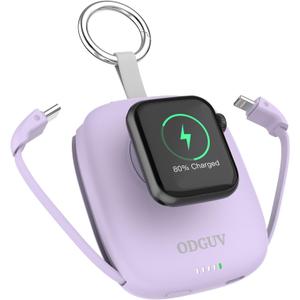Small Portable Charger 5000mAh,iWatch Wireless Charger Mini Power Bank with Built-in Cable,Travel Keychain Charger for Apple Watch 11/10/9/8/Ultra/7/6/Se/5/4,iPhone 17/16/15/14/13/12,Android Phone (purple)