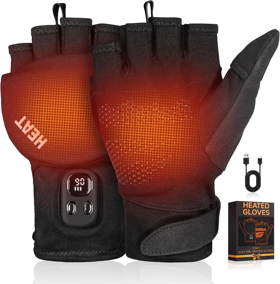 Heated Gloves for Men Women  2 in 1 Full & Half Finger Design, Rechargeable Electric Heated Gloves with Touchscreen, Gifts for Christmas, Winter Hand Warmer for Work, Game, Cycling, Skiing, Medium