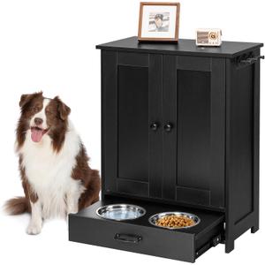ALINE FURNITURE Dog Feeding Station with Storage Cabinet and 2 Elevated Dog Bowls, Hidden Pet Feeder Station Wood, Dog & Cat Storage Organizer, Black